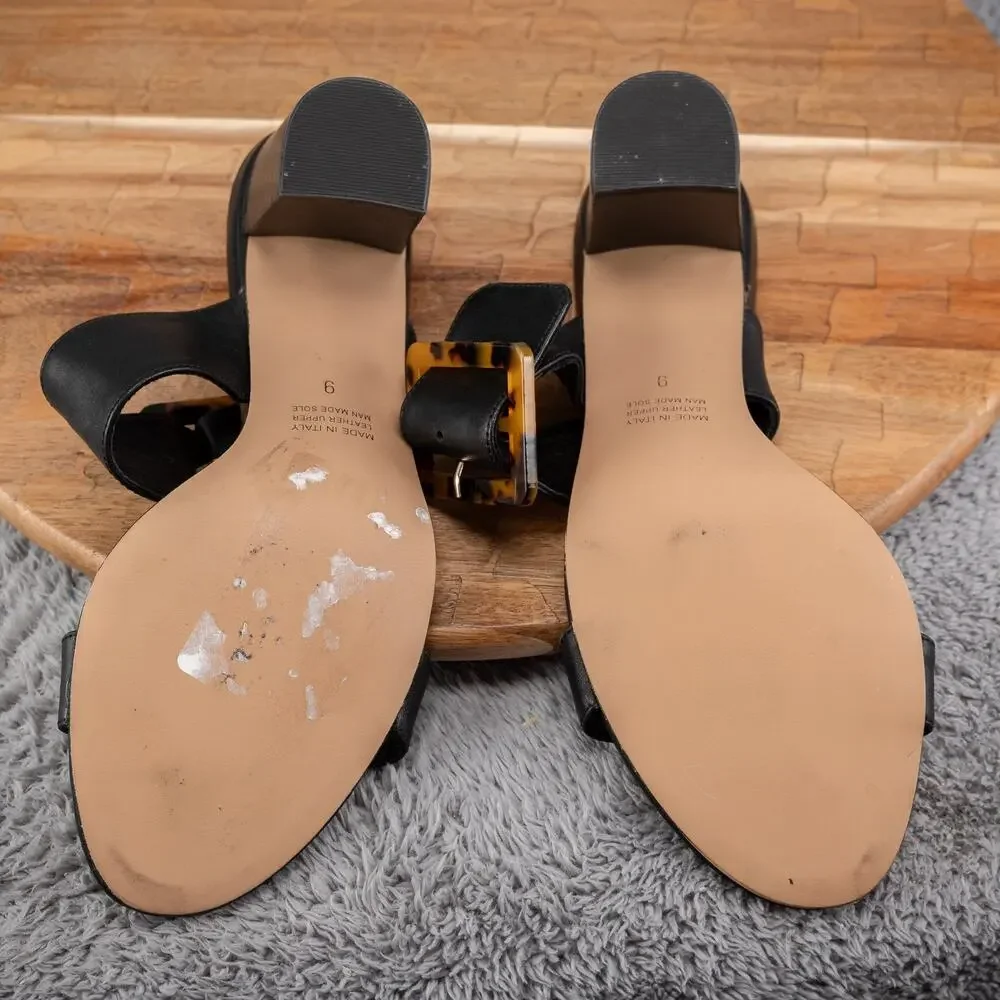 Fabianelli Black Leather Block Heel Sandals Women 9 Two Bands Tortoise‎ Buckle